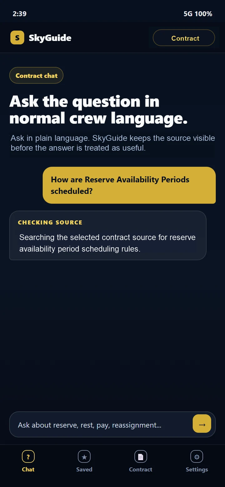 Crew member asking SkyGuide a contract question