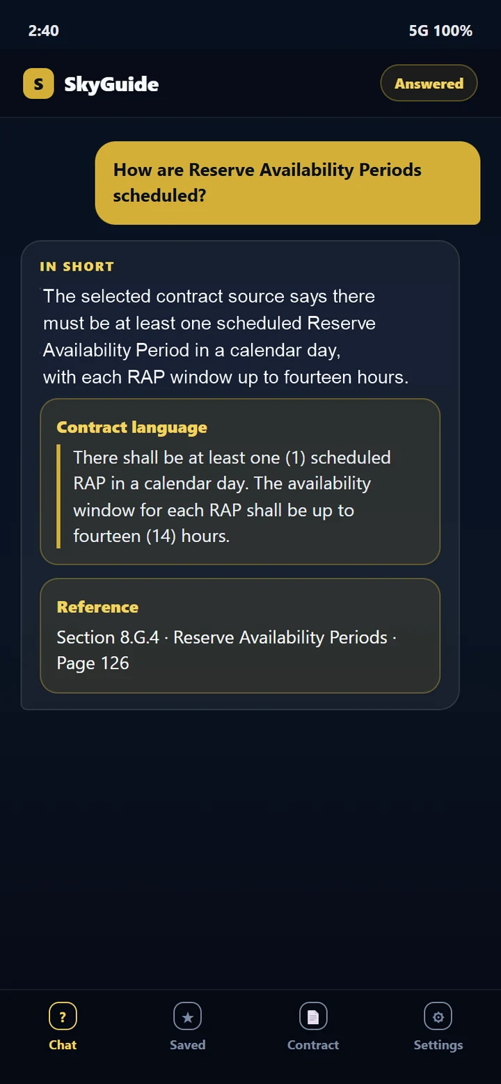 SkyGuide presenting a clear contract-aware answer